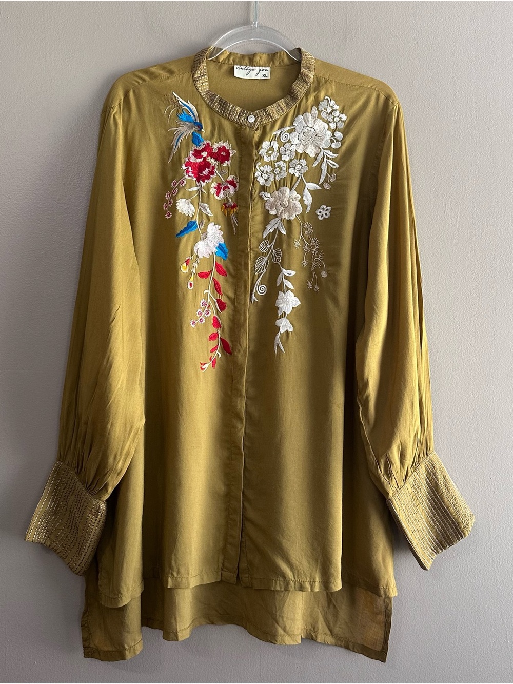 Vintage Goa Chartruese Green Embroidered Bird Floral Boho Tunic Top Womens XL